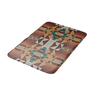 Hip Taupe Brown Orange Teal Blue Green Ethnic Art Bath Mat