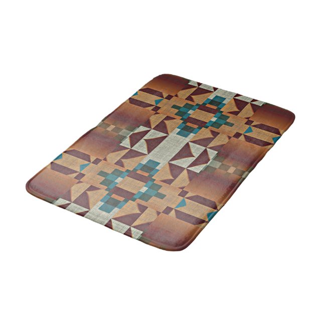 Hip Taupe Brown Orange Teal Blue Green Ethnic Art Bath Mat (Angled)