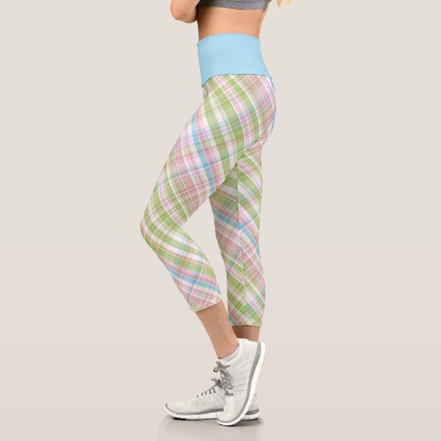 Hip Violet Pink Turquoise Green Blue Plaid Pattern Capri Leggings (Left)
