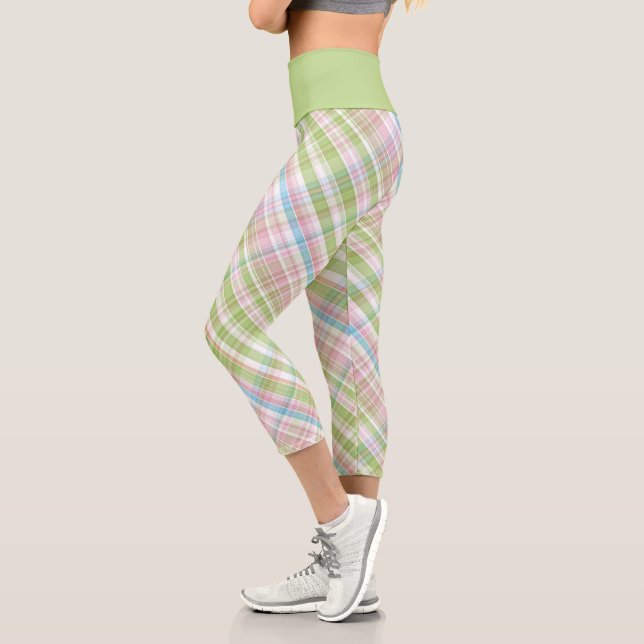 Hip Violet Pink Turquoise Green Blue Plaid Pattern Capri Leggings (Left)