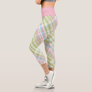 Hip Violet Pink Turquoise Green Blue Plaid Pattern Capri Leggings