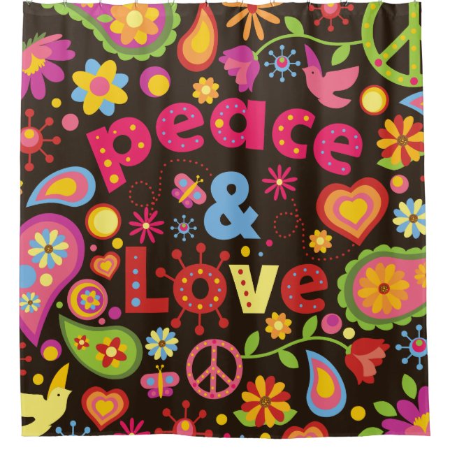 Hippie 1960s Hippy Sixties Peace Sign Bath Shower Curtain (Front)