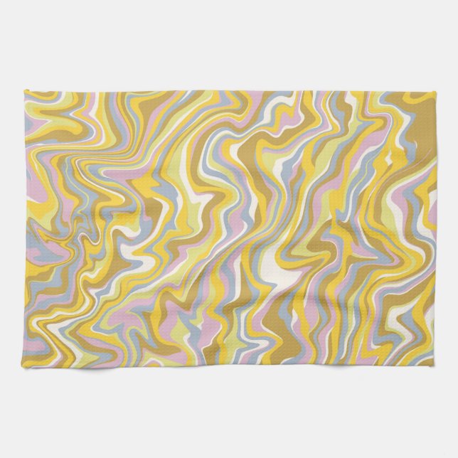 Hippie 70s Green Marble Liquid Swirl Boho Pattern Tea Towel (Horizontal)