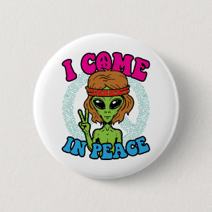 Hippie Alien I Come In Peace Trippy Peace Sign 6 Cm Round Badge