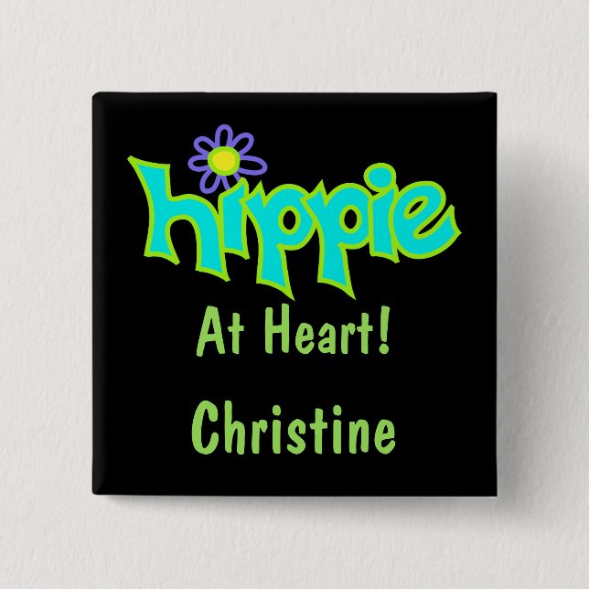 Hippie at Heart Turquoise Art Black Name Badge (Front)