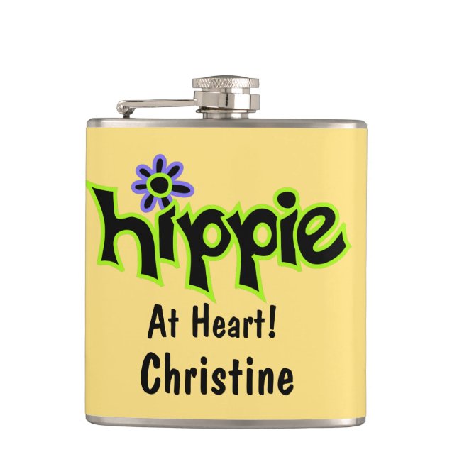 Hippie at Heart Yellow Art Name Personalised Hip Flask (Front)