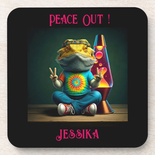 Hippie Bearded Dragon Peace Retro Custom  Coaster (Front)