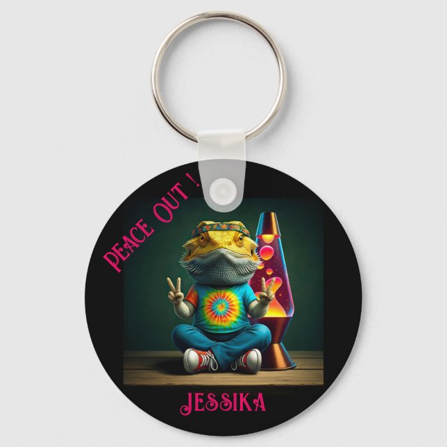 Hippie Bearded Dragon Peace Retro Custom  Key Ring (Front)