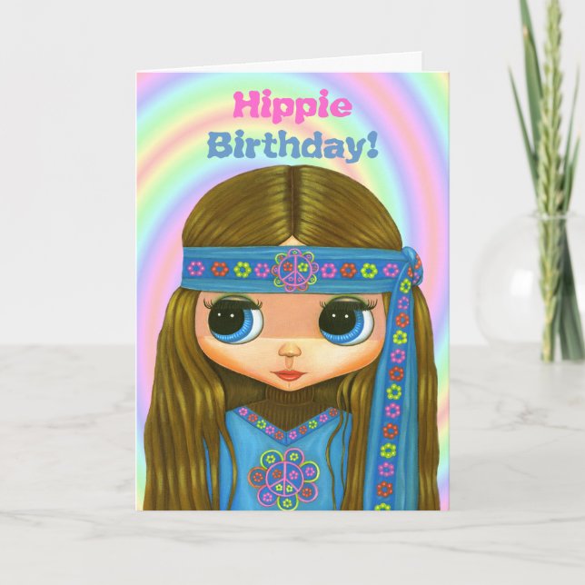Hippie Birthday! Cute Blue Hippie Girl Doll Card (Front)