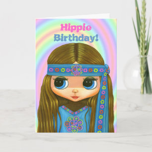 Hippie Birthday! Cute Blue Hippie Girl Doll Card