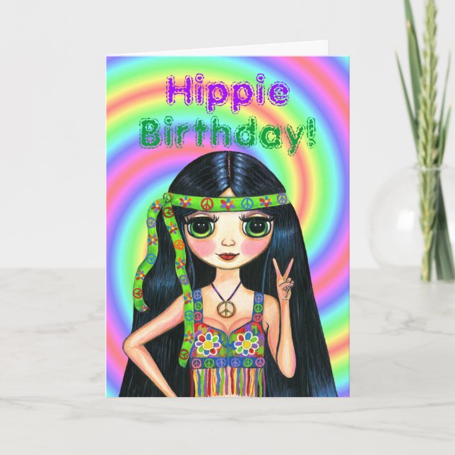 Hippie Birthday! Cute Psychedelic Hippie Girl Card (Front)