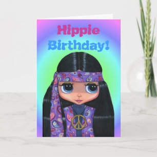 Hippie Birthday! Purple Paisley Cute 60s Chick Card