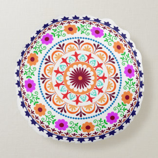 Hippie bohemian floral design round pillow-white round cushion
