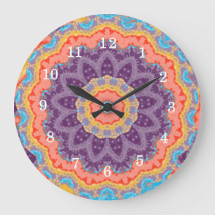 Hippie Bohemian Floral Mandala Colourful Purple Mi Large Clock