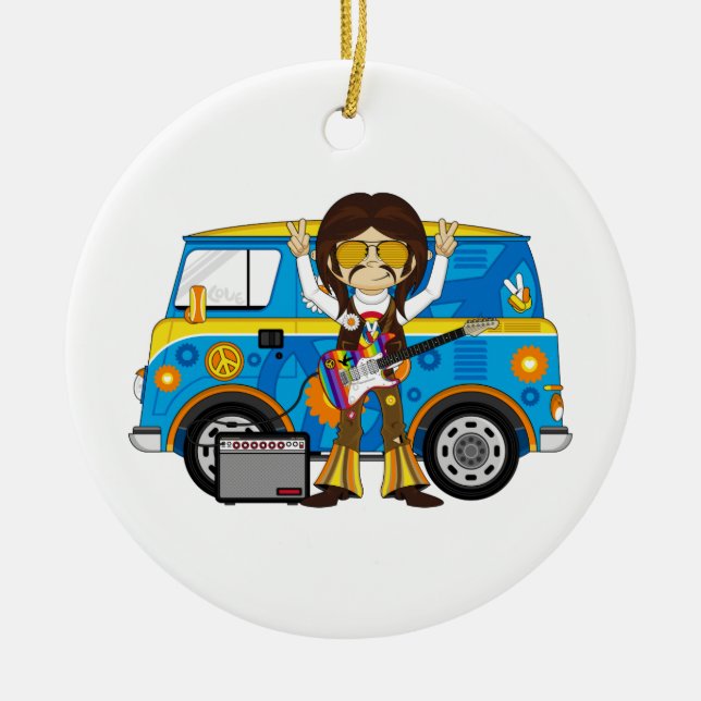 Hippie Boy with Guitar & Camper Van Ceramic Ornament (Front)
