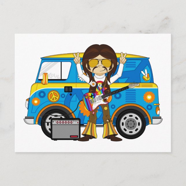 Hippie Boy with Guitar & Camper Van Postcard (Front)