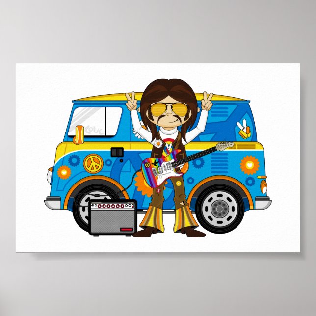 Hippie Boy with Guitar & Camper Van Poster (Front)