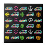 Hippie Bus Peace Sign 70s Black Ceramic Tile<br><div class="desc">Cute hippie decorative tile with fun retro camper bus pattern of peace signs and pretty flowers in cool neon hippy colours.</div>