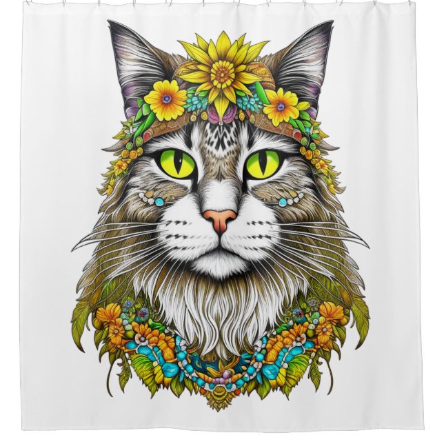 Hippie Cat Shower Curtain (Front)