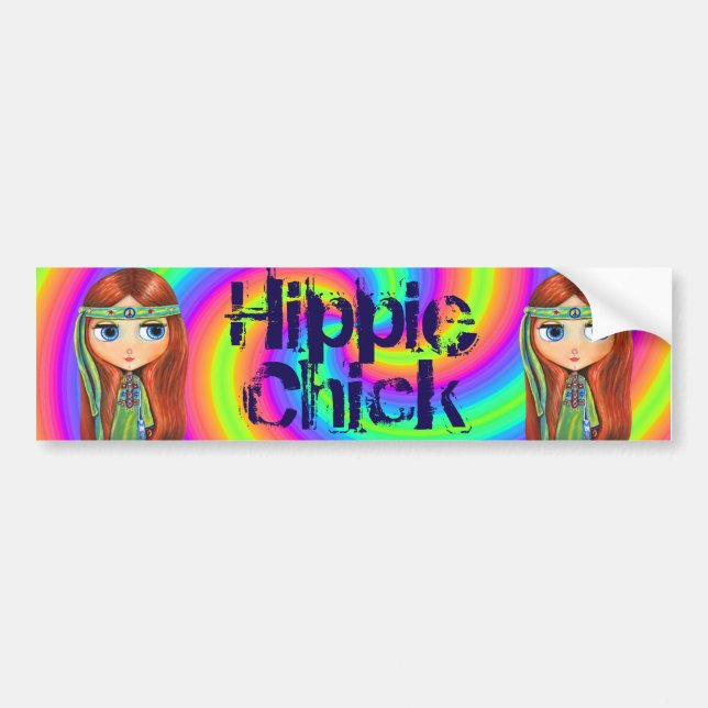 Hippie Chick 1960s Tie Dye Big Eye Doll Headband Bumper Sticker (Front)
