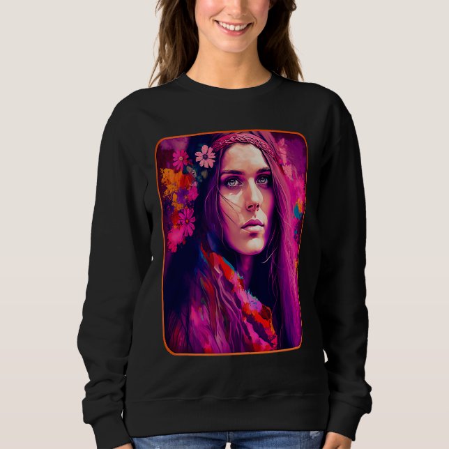 Hippie Child In Pink With Flowers In Her Hair Retr Sweatshirt (Front)