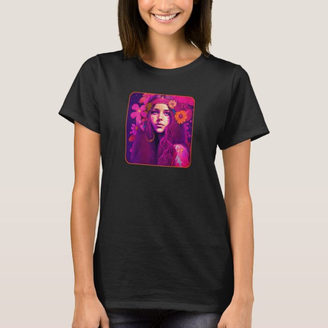 Hippie Child In Pink With Flowers In Her Hair Retr T-Shirt (Front)