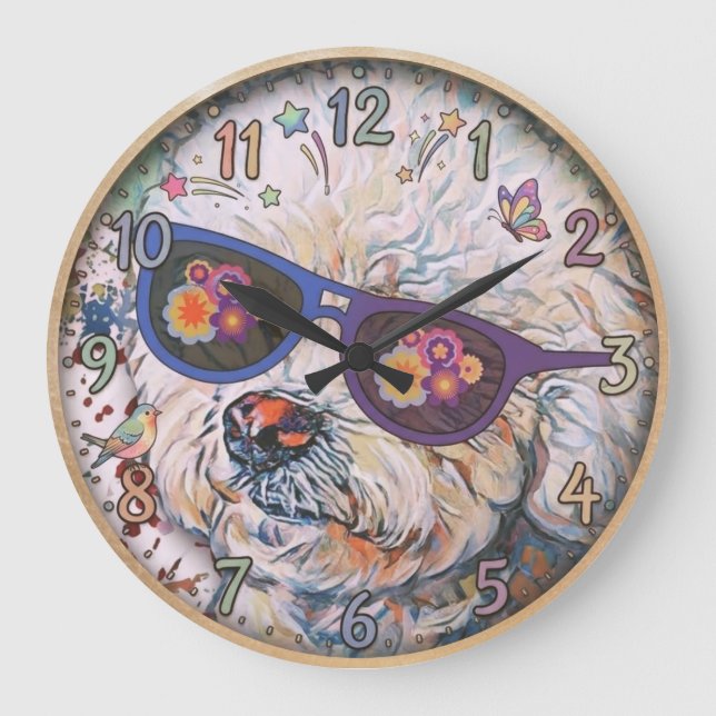 Hippie 'Chon the Bichon  Large Clock (Front)
