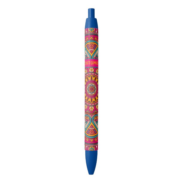 Hippie Colourful Pink Mandela 70s Boho Black Ink Pen (Front Vertical)