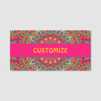Hippie Colourful Pink Mandela 70s Boho Name Tag