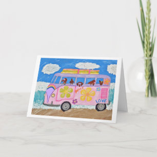 Hippie Dachshunds in Flower Child Van at the Beach Card