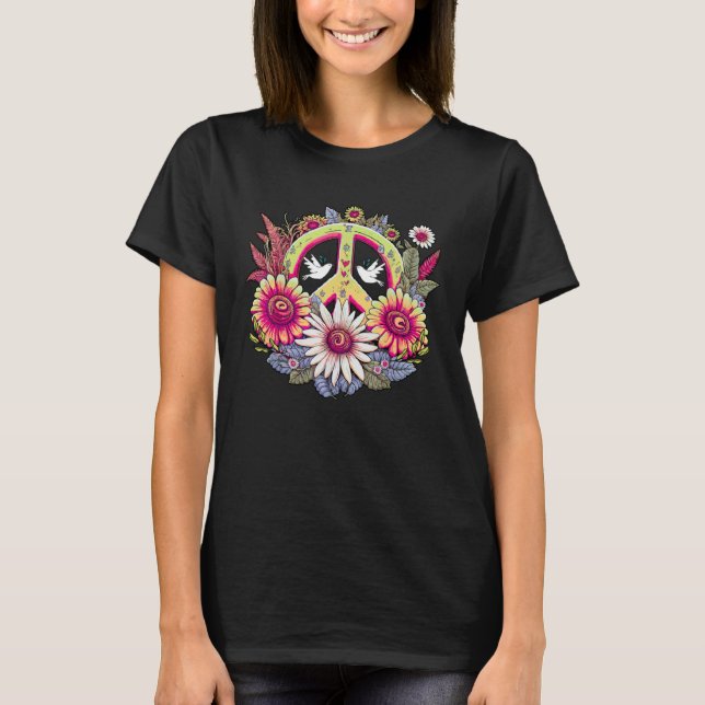 Hippie Daisy Peace Sign Retro Flower Sunflower T-Shirt (Front)
