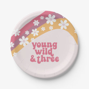 hippie Daisy Young Wild and Three Birthday Paper Plate