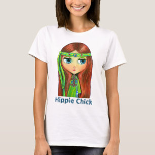 Hippie Doll Girl in Green Headband Peace Sign Cute T-Shirt