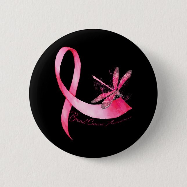 Hippie Dragonfly Pink Ribbon Breast Cancer 6 Cm Round Badge (Front)