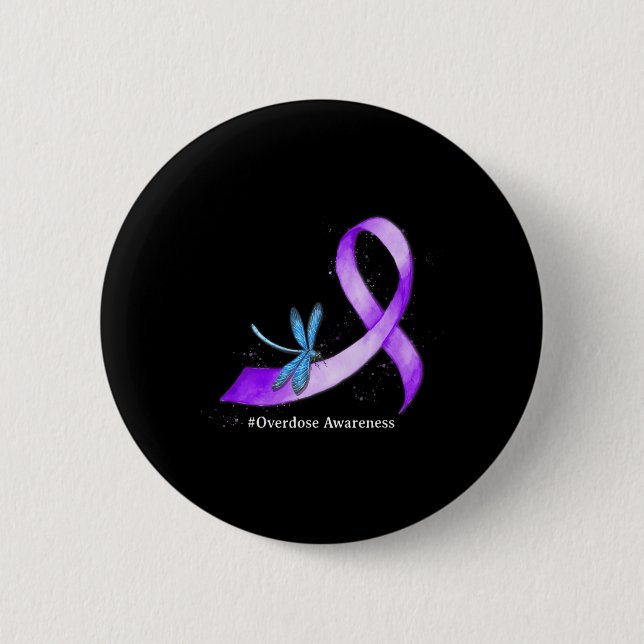 Hippie Dragonfly Purple Ribbon Overdose Awareness  6 Cm Round Badge (Front)