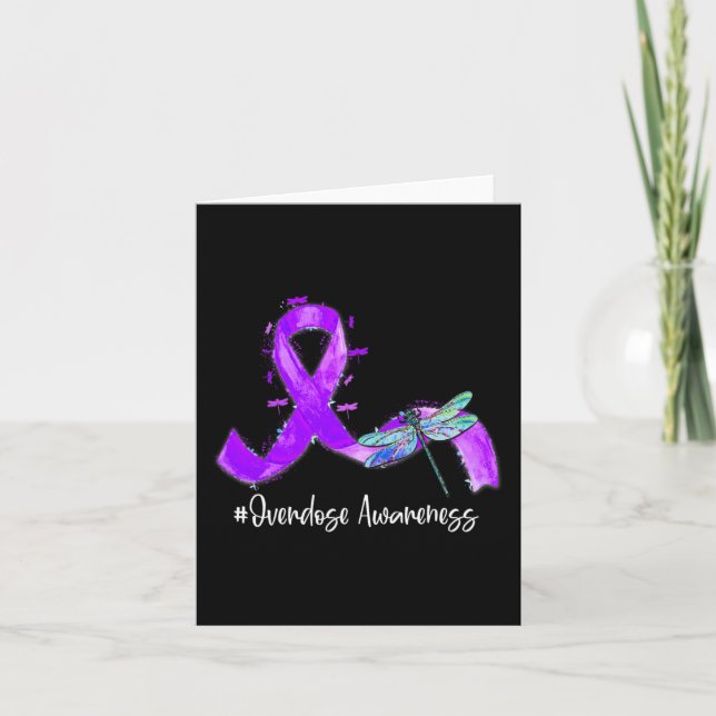 Hippie Dragonfly Purple Ribbon Overdose Awareness  Card (Front)