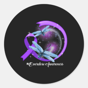 Hippie Dragonfly Purple Ribbon Overdose Awareness  Classic Round Sticker
