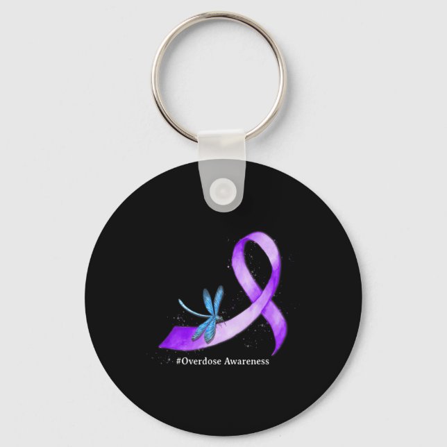 Hippie Dragonfly Purple Ribbon Overdose Awareness  Key Ring (Front)