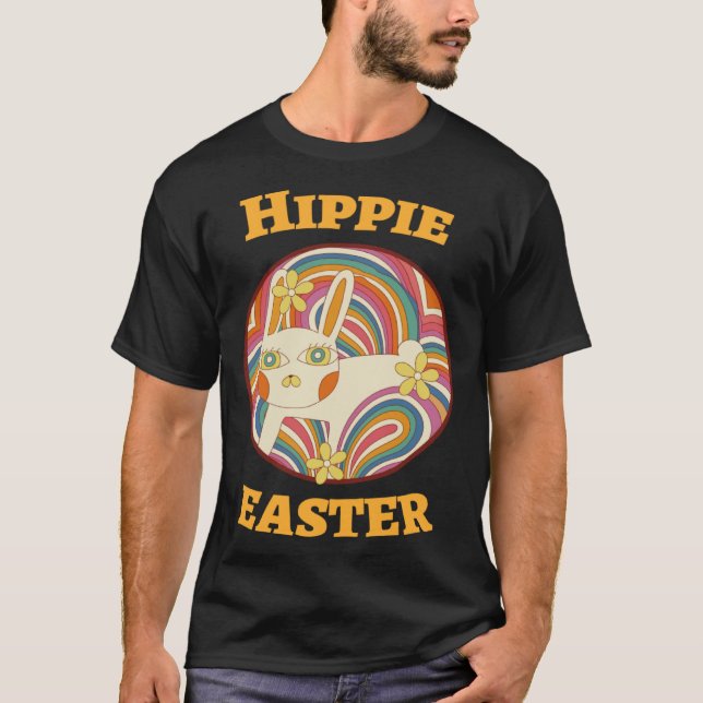 Hippie Easter  Egg Hunt  Cute 60 s Happy Bunny T-Shirt (Front)