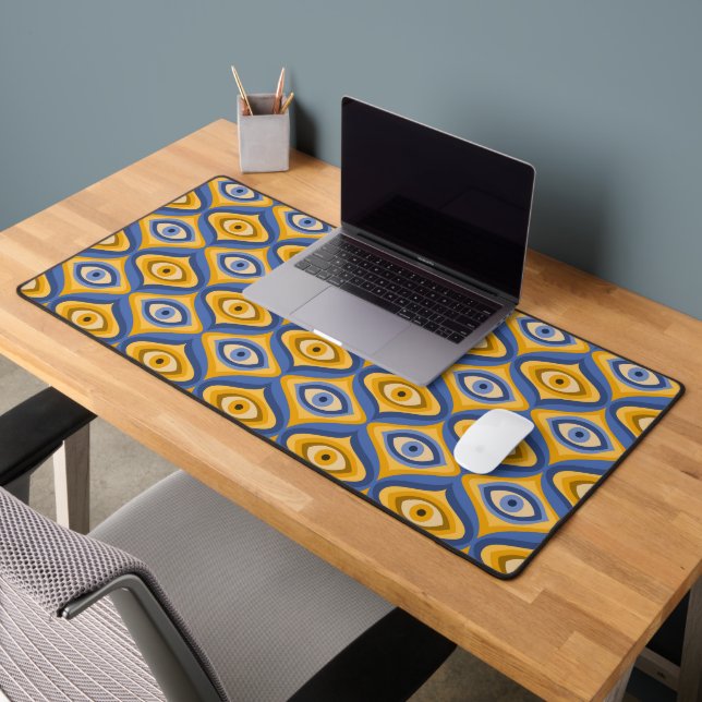 Hippie eye pattern quirky blue yellow psychedelic desk mat (Office 2)