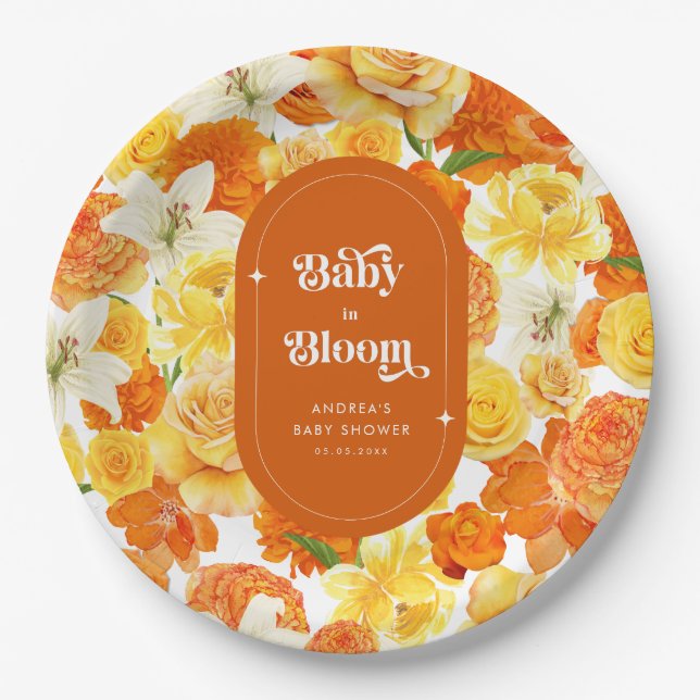 Hippie Floral Groovy Baby in Bloom Baby Shower Paper Plate (Front)