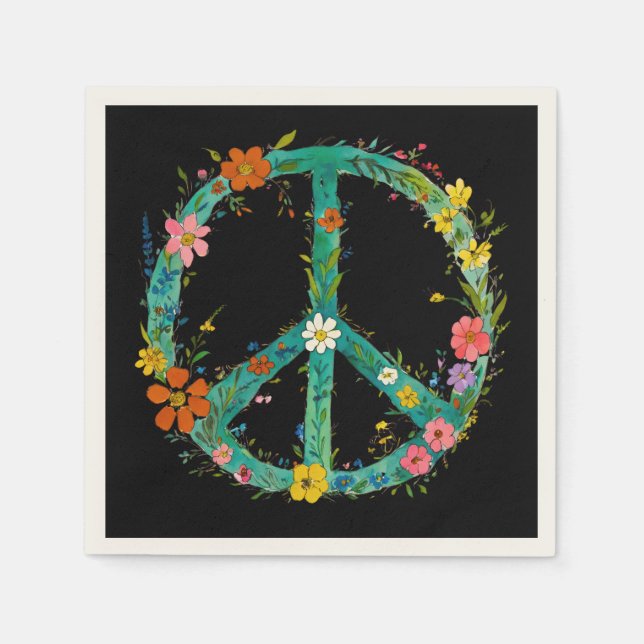 Hippie Floral Peace Sign On A Black Background Napkin (Front)