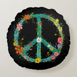 Hippie Floral Peace Sign On A Black Background Round Cushion