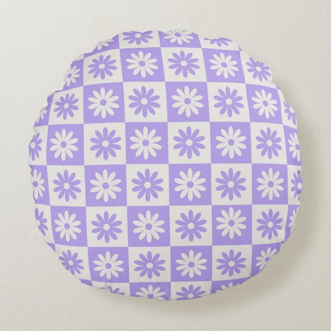 Hippie Flower Chequerboard Pattern Purple Round Cushion (Front)
