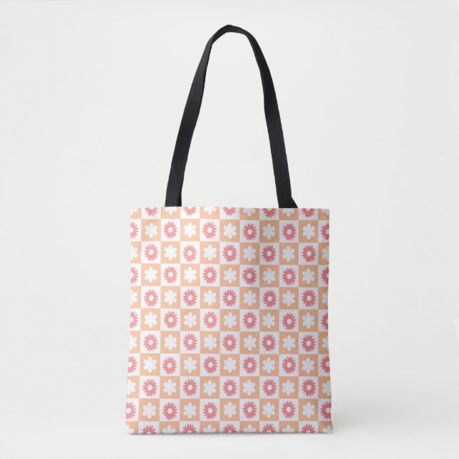 Hippie Flower Chequerboard Pattern Tote Bag (Front)