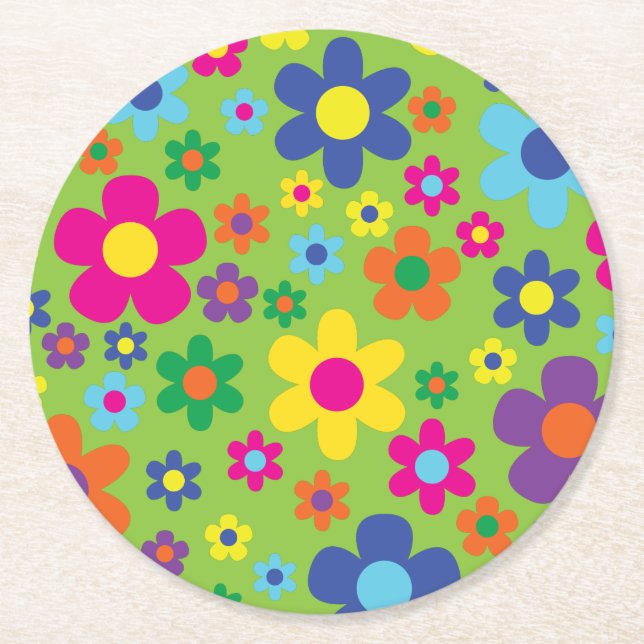 Hippie Flower Kid's Birthday Party Round Paper Coaster (Front)