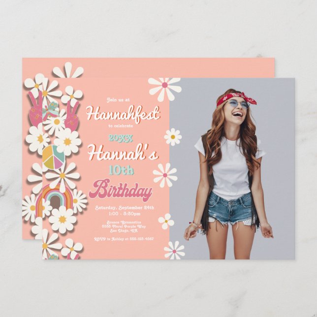 Hippie Flower Power 70s 60s Birthday Party Invitat Invitation (Front/Back)