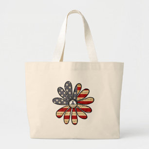 Hippie Flower Power Peace Sign American Flag Large Tote Bag