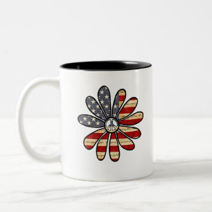 Hippie Flower Power Peace Sign American Flag Two-Tone Coffee Mug