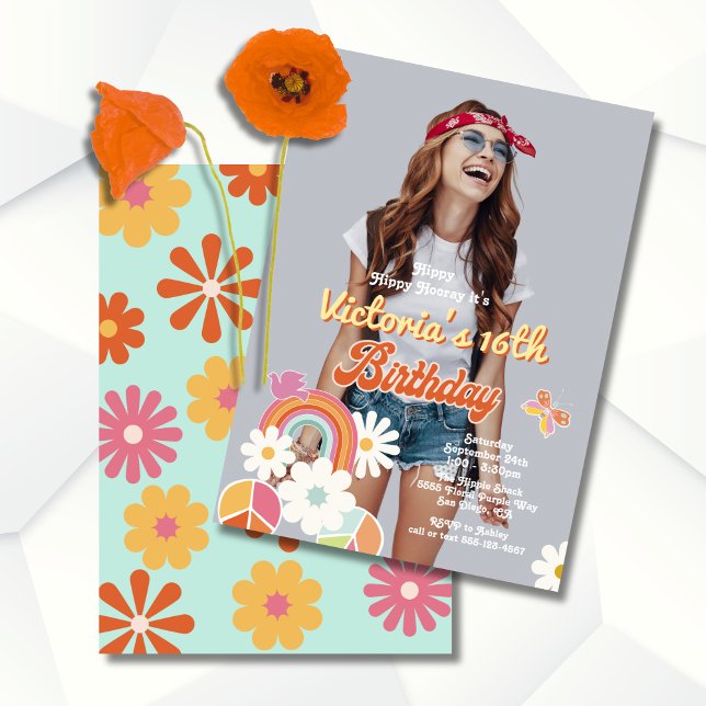 Hippie Flower Power Photo 70s 60s Birthday Party Invitation (Creator Uploaded)